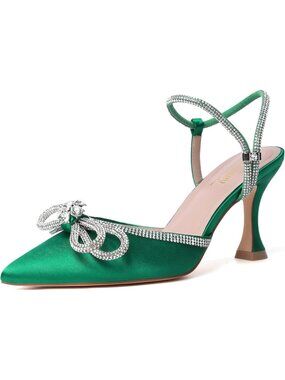 Women's Patent Green Pointed Closed Toe Bow Pumps High Heels Prom Dressy Shoes